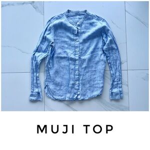 Muji top size Small blue white stripe linen button